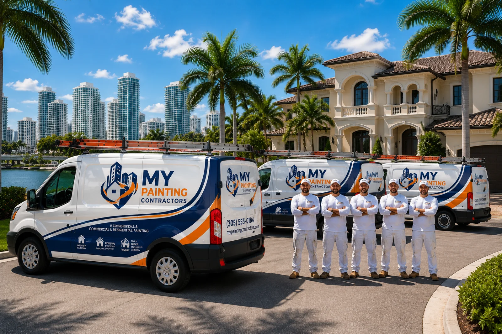 My Painting Contractors team with branded service vans at a luxury South Florida residential painting project