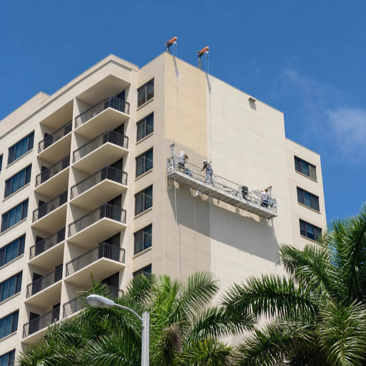 Condominium painting contractor using swing stage on a South Florida high-rise