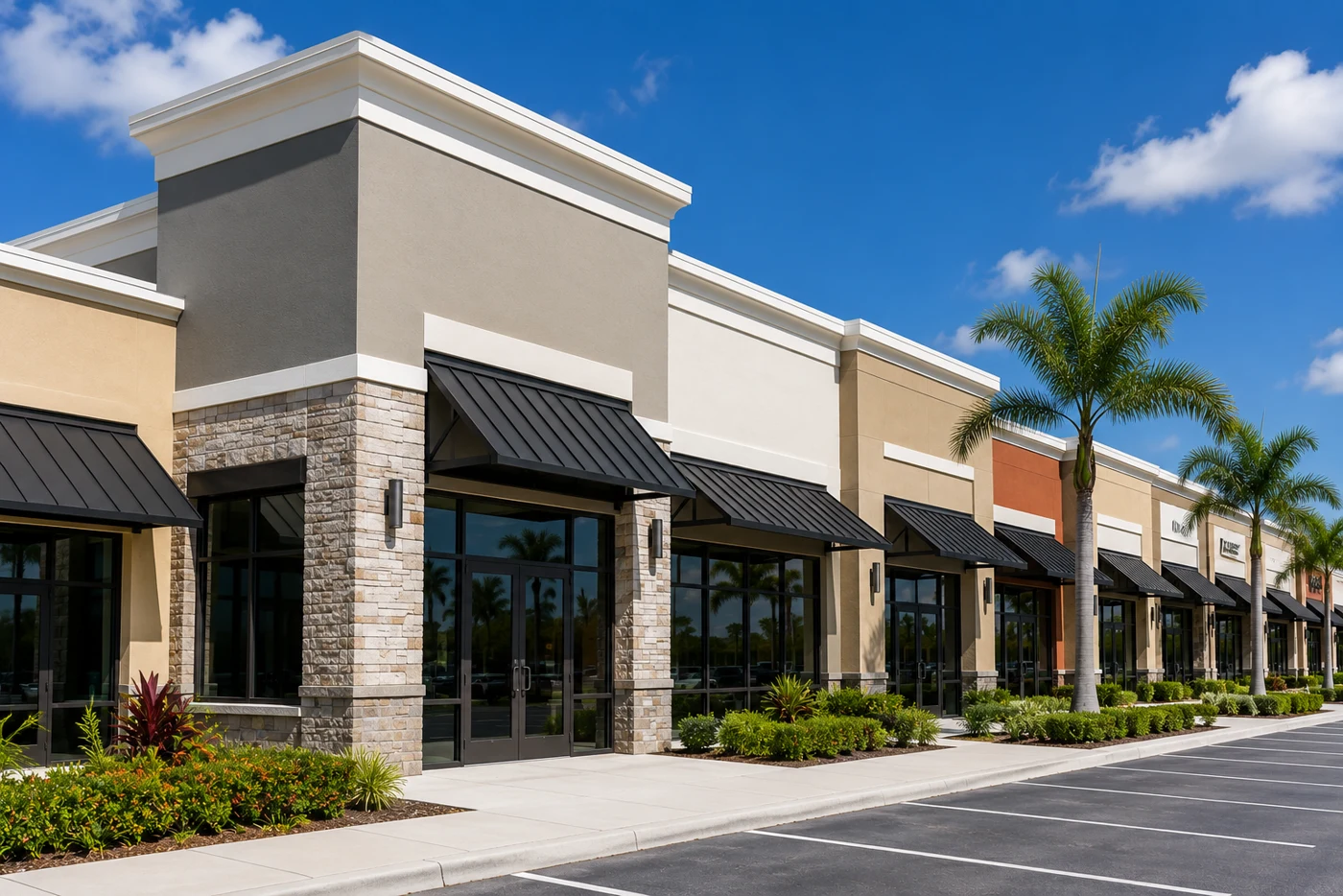 Freshly painted commercial shopping center in South Florida